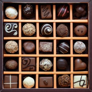 Caja de brigadeiros clásicos (chocolate tradicional) en fondo claro